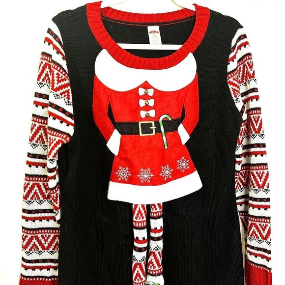 Women’s Holiday Time Ugly Christmas Elf  Sweater Bells Bling Swinging Legs Large - Picture 6 of 11